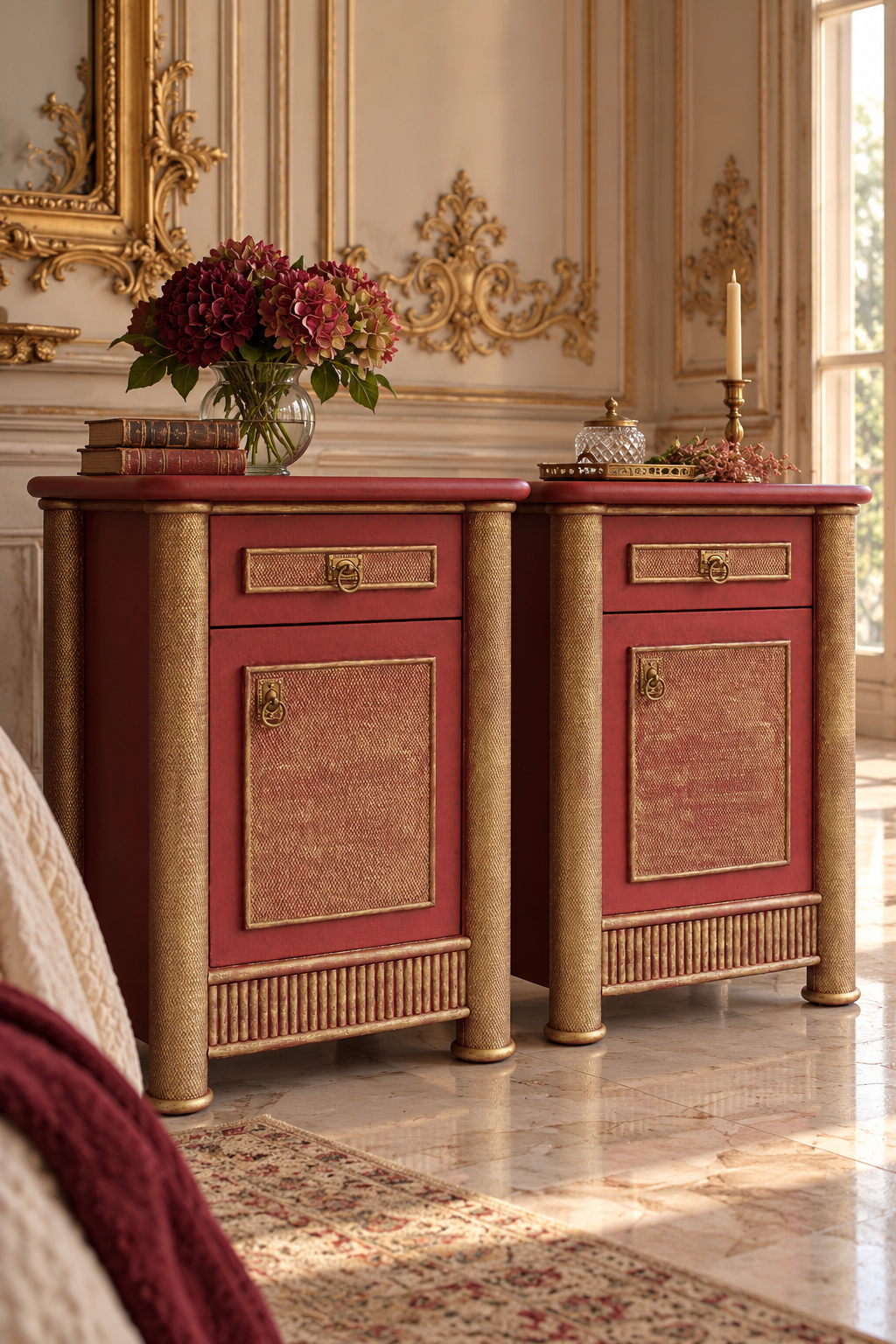 Pareja de mesitas de noche vintage burdeos y doradas con columnas decorativas, en un dormitorio de inspiración rococó francesa.


