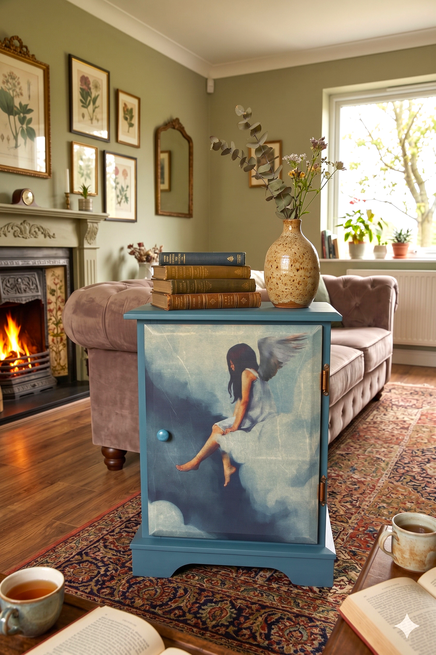 Vista frontal de aparador pequeño azul con decoupage de niña ángel sentada en nubes – Anaqa Design