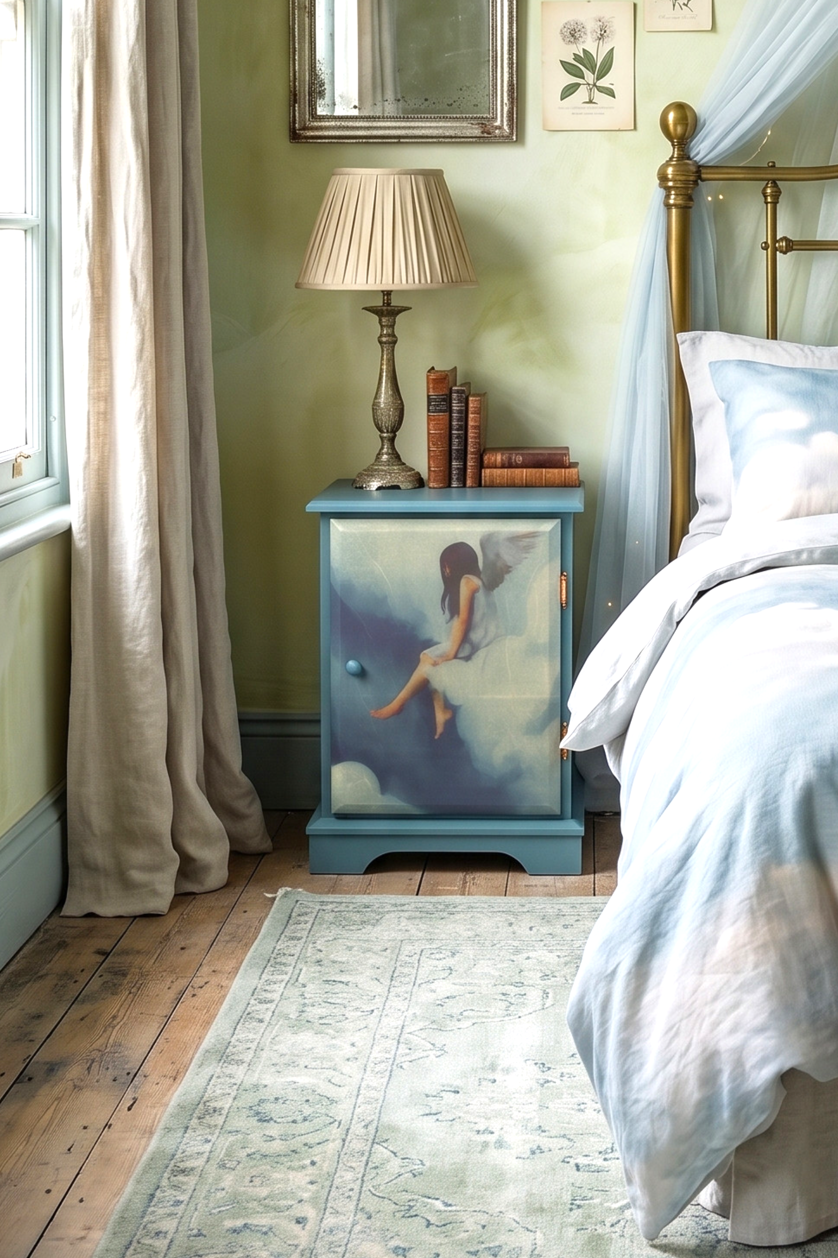 Detalle de decoupage artesanal con niña ángel entre nubes sobre aparador pintado en azul suave – Anaqa Design
