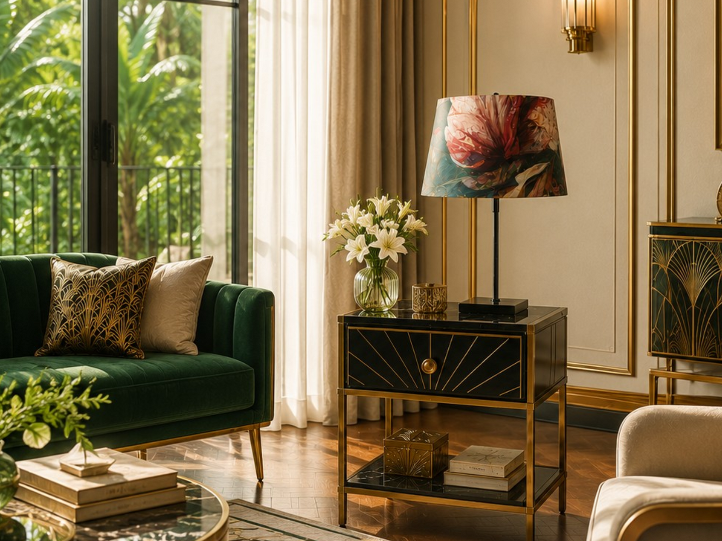 Pantalla de lámpara Art Déco floral sobre lámpara de mesa en salón elegante con sofá verde y decoración dorada | Anaqa Design