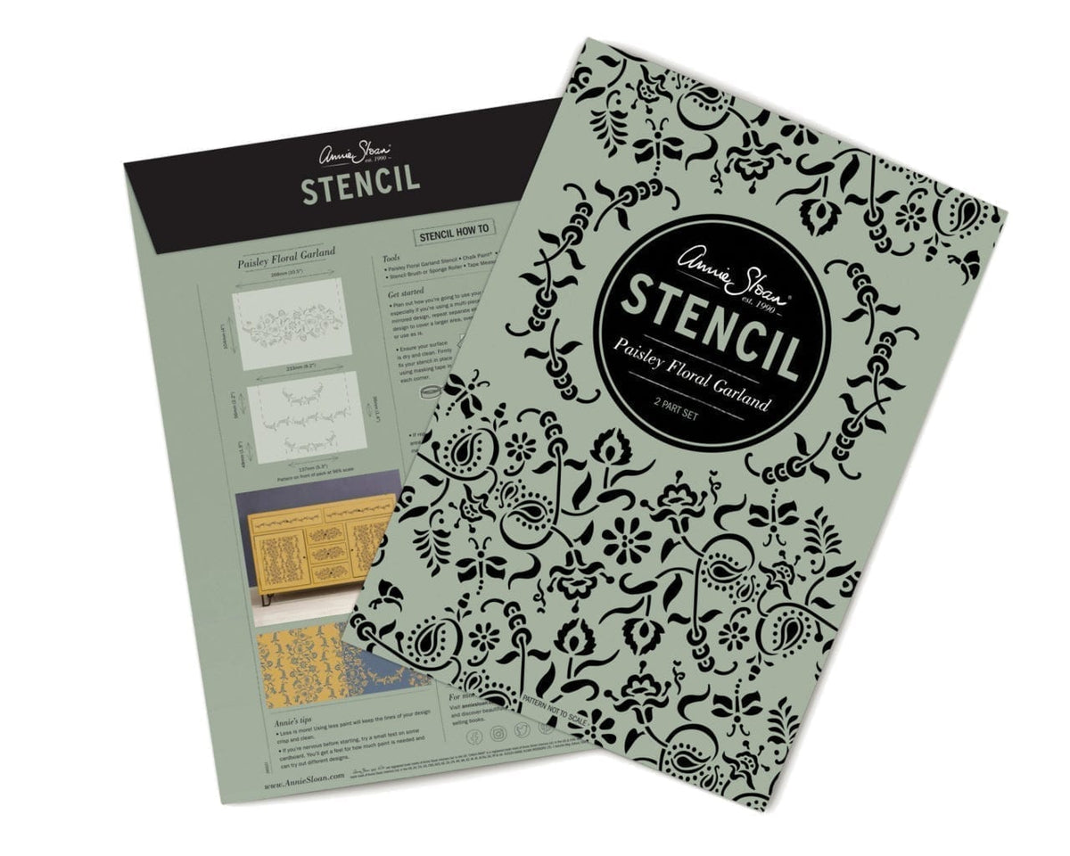 Envase del stencil A4 Paisley Floral Garland Annie Sloan, vista frontal y trasera del empaque