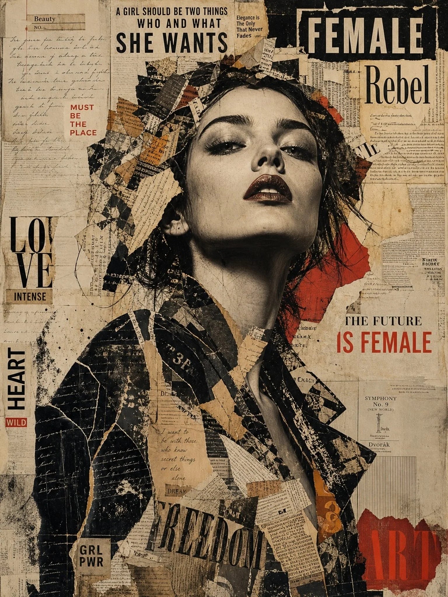 Papel decoupage Rebel Heart - Collage feminista mixed media con figura femenina y tipografías vintage - Mint by Michelle
