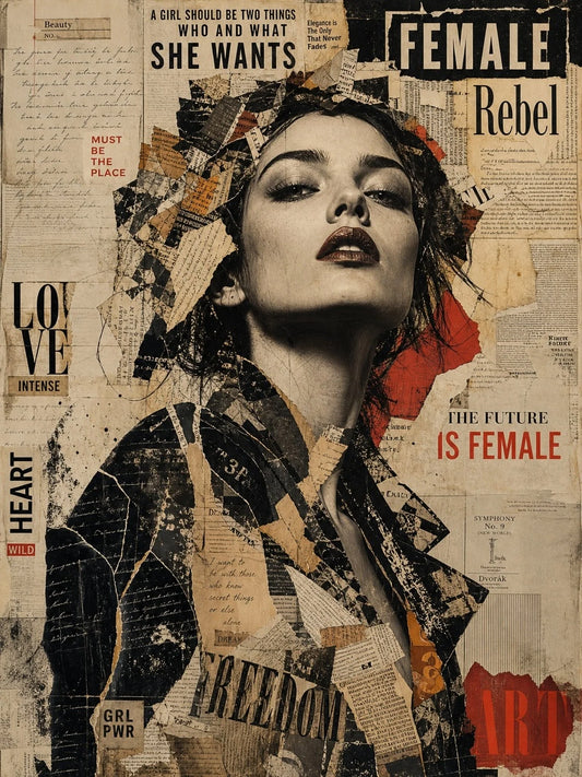 Papel decoupage Rebel Heart - Collage feminista mixed media con figura femenina y tipografías vintage - Mint by Michelle
