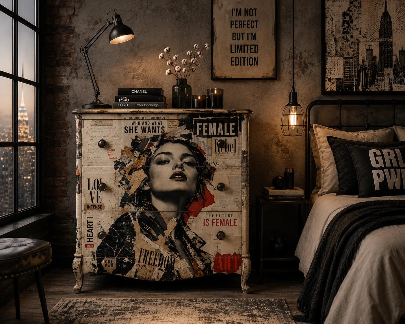 Cómoda vintage restaurada con papel decoupage Rebel Heart de Mint by Michelle — collage feminista con figura femenina en blanco y negro, tipografías Freedom, Female Rebel y Girl Power, en dormitorio industrial con vistas a la ciudad