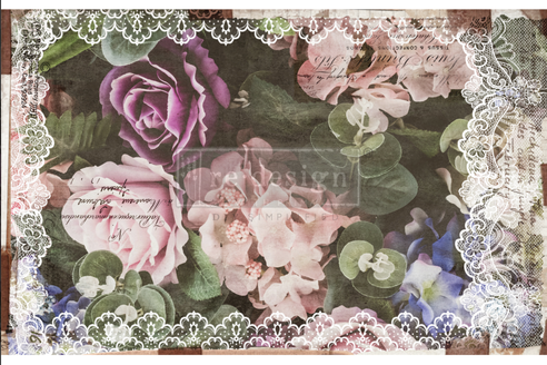 Papel tissue decoupage Dark Lace Floral – encajes oscuros y motivos florales vintage, Redesign with Prima, 2 hojas de 49,5x76 cm
