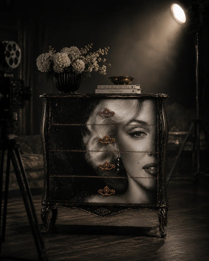 Cómoda bombeada negra restaurada con papel decoupage The Last Close Up de Mint by Michelle — retrato femenino glamuroso estilo Hollywood en blanco y negro, en ambiente de estudio cinematográfico con cámara de cine vintage
