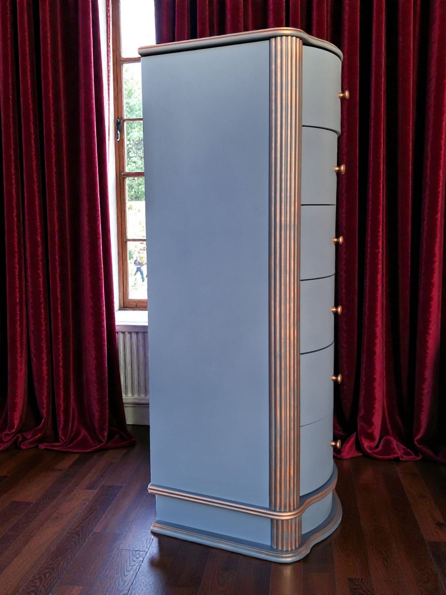 Mediterranean Blue Chest of Drawers, Hand-Restored Solid Wood Tower / Torre de cajones azul Mar Mediterráneo, renovada a mano