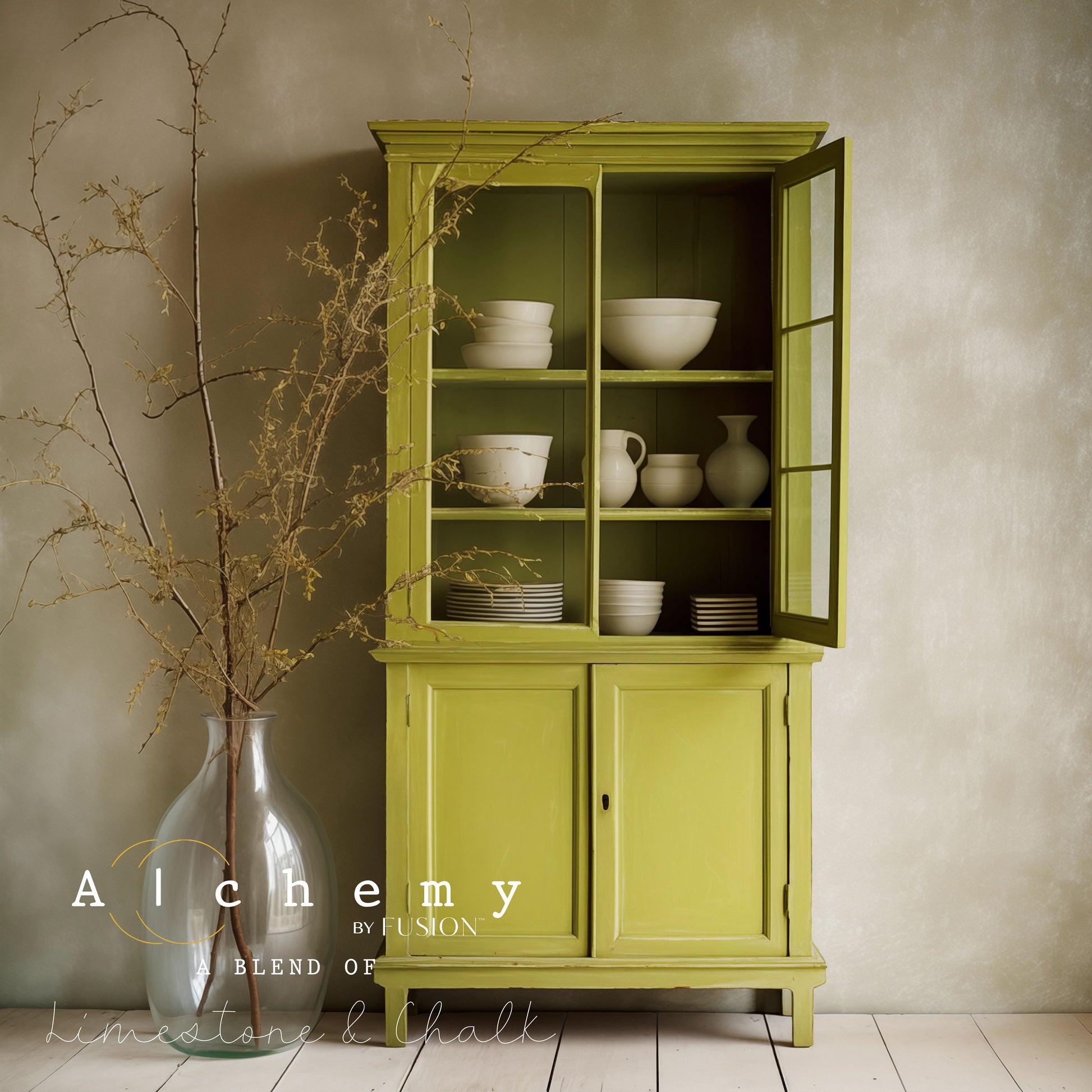 Vitrina vintage restaurada con Alchemy by Fusion Willow en verde mostaza vibrante, ambiente natural con jarrón de cristal con ramas secas y vajilla blanca en el interior, pintura limestone y chalk