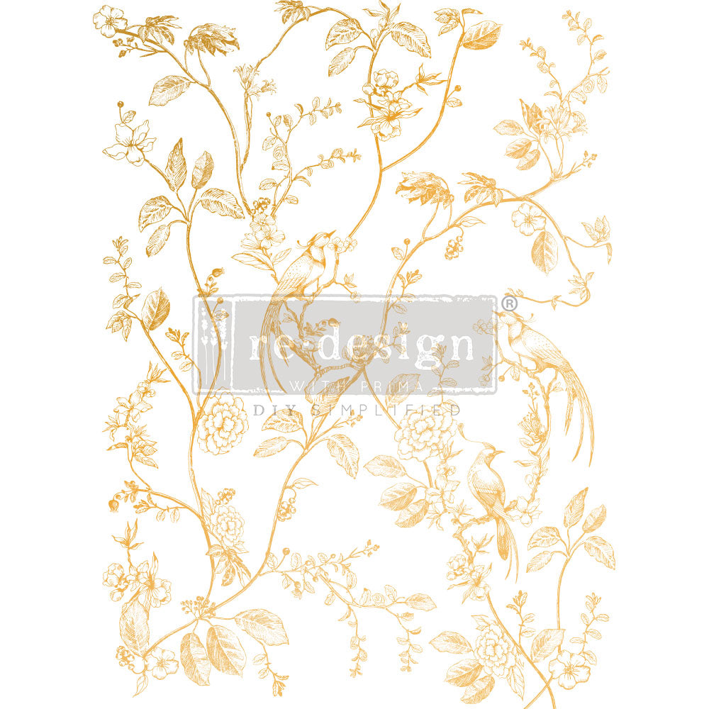 Gold Foil Decor Transfer A Bird Song de Kacha - diseño completo con pájaros dorados entre ramas y flores sobre fondo blanco - Re-Design with Prima
