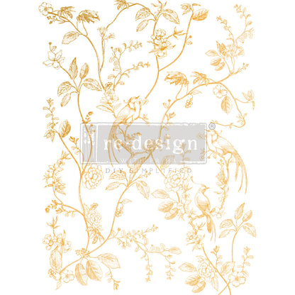 Gold Foil Decor Transfer A Bird Song de Kacha - diseño completo con pájaros dorados entre ramas y flores sobre fondo blanco - Re-Design with Prima
