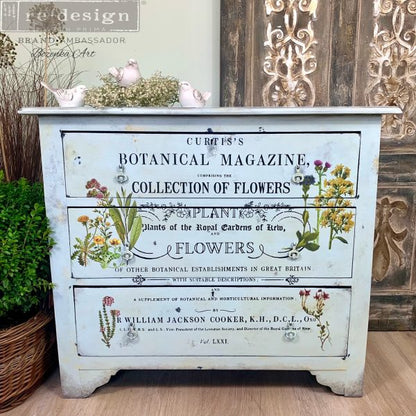 Transferencia decorativa Botanical Magazine en aparador gris con cajón efecto madera oscura - ilustraciones botánicas Plants Flowers Royal Gardens of Kew - Re-Design with Prima - ambassador Country Squire Designs
