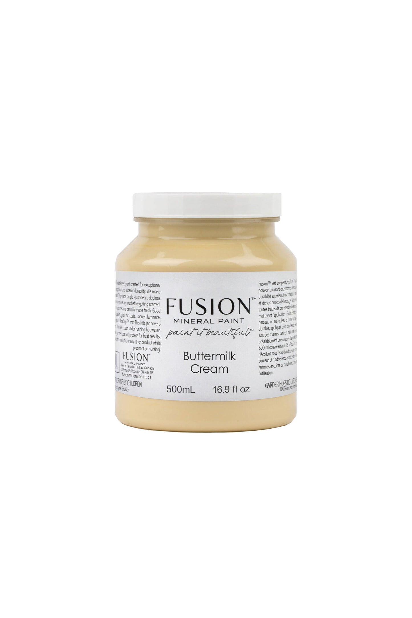 Bote de Fusion Mineral Paint Buttermilk Cream 500ml, pintura mineral amarillo crema mantequilla mate para restauración de muebles