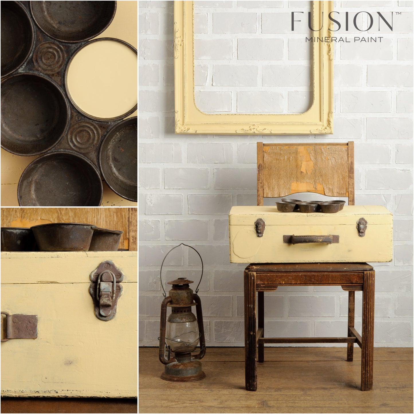 Composición de estilo farmhouse con baúl, espejo y marco restaurados con Fusion Mineral Paint Buttermilk Cream en ambiente rústico