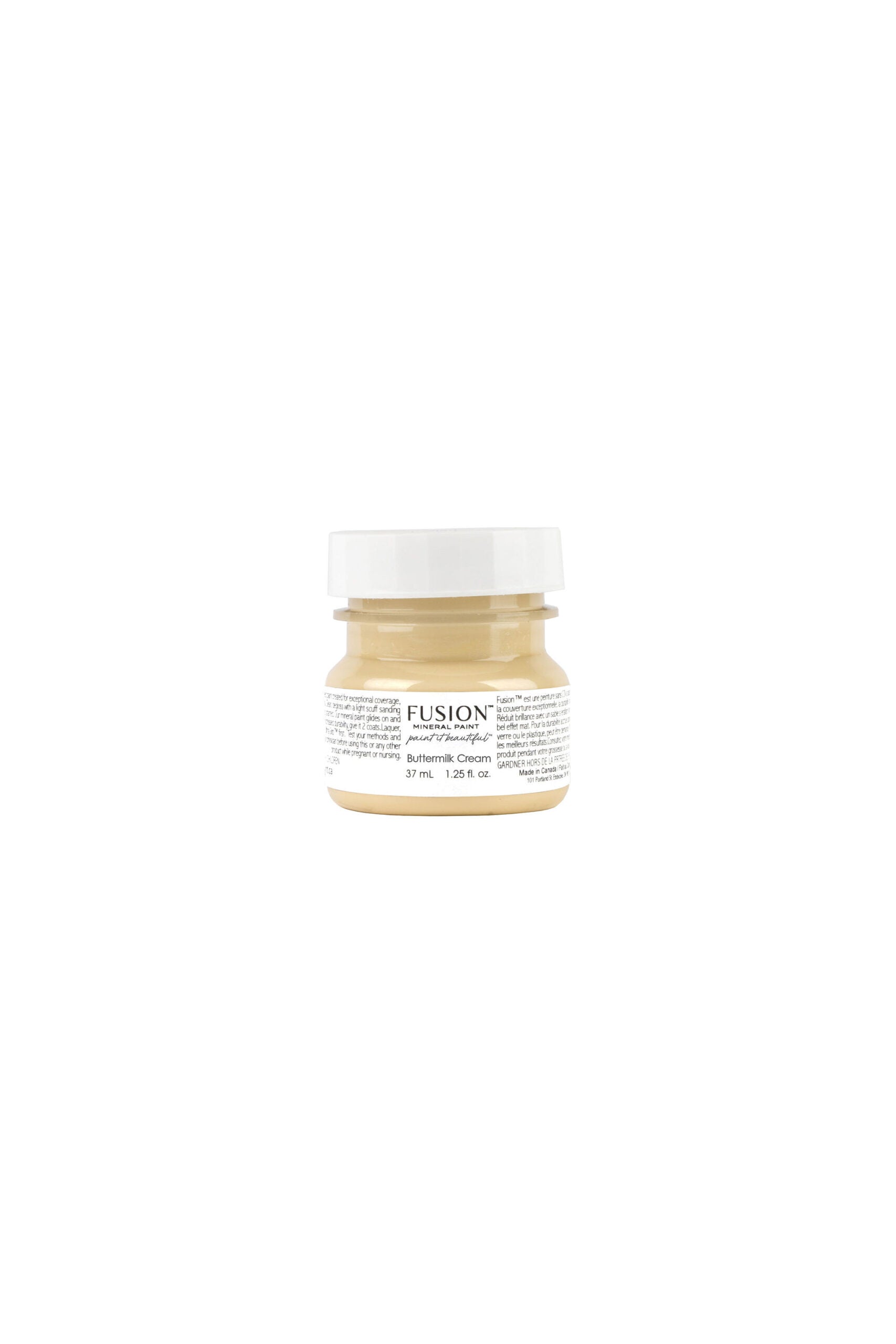 Tester de Fusion Mineral Paint Buttermilk Cream 37ml, muestra de color amarillo crema mantequilla cálido para proyectos decorativos

