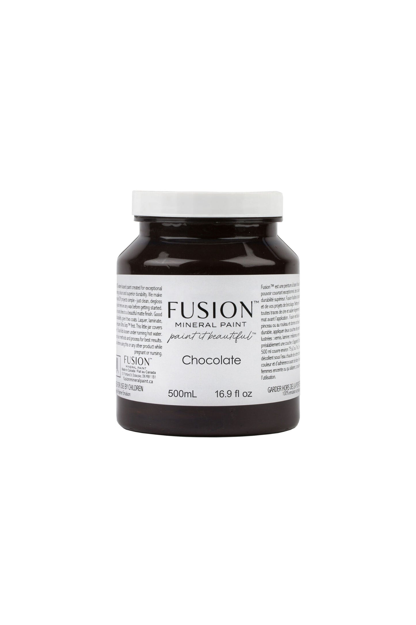 Bote de Fusion Mineral Paint Chocolate 500ml, pintura mineral marrón oscuro mate para restauración de muebles