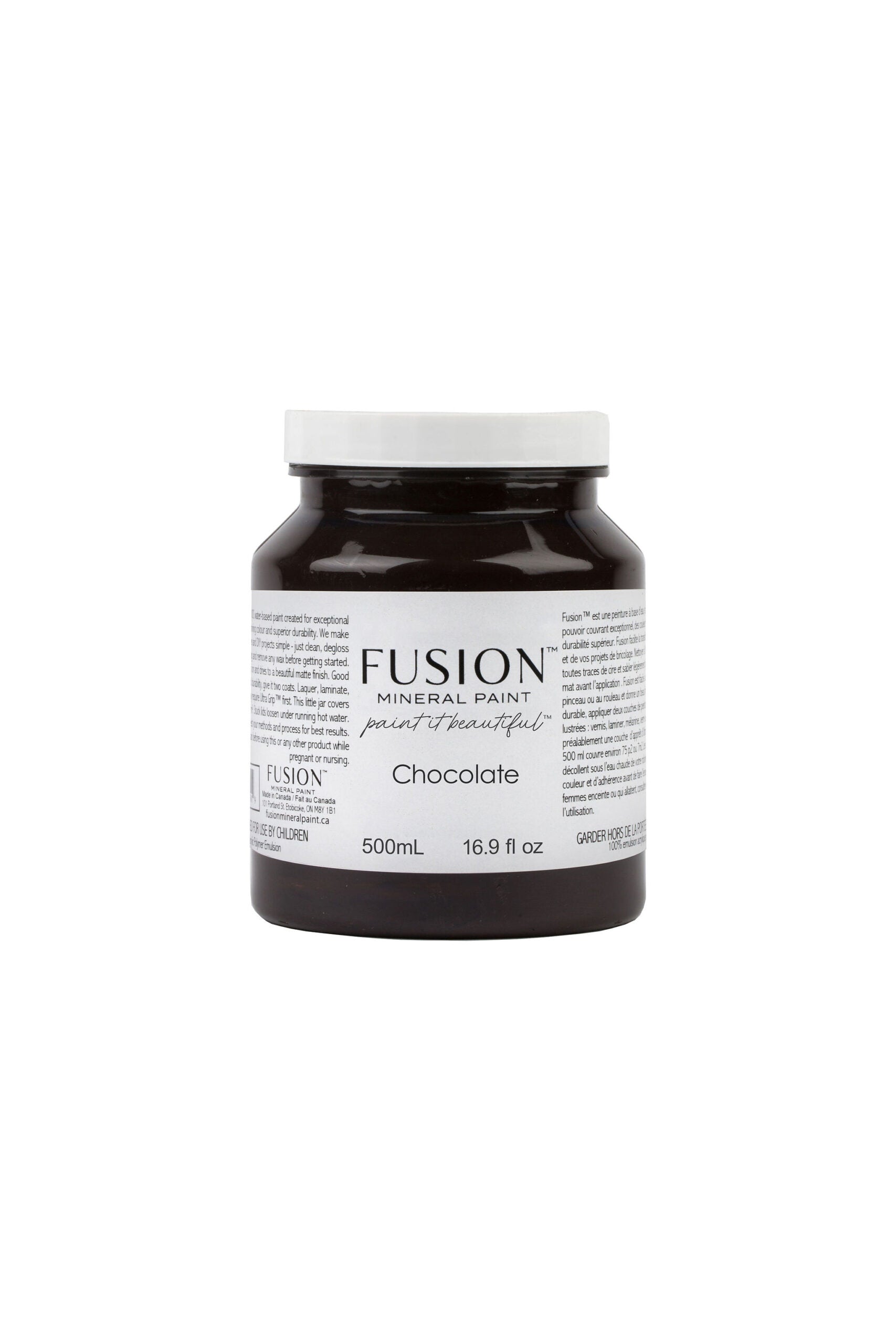 Bote de Fusion Mineral Paint Chocolate 500ml, pintura mineral marrón oscuro mate para restauración de muebles