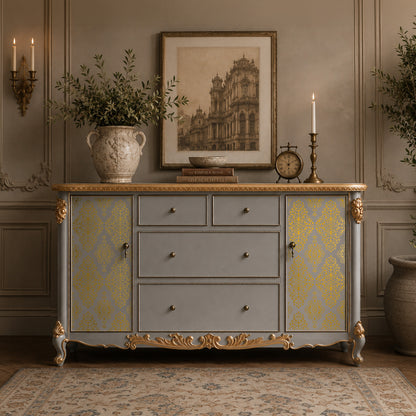 Transferencia decorativa Gold Damask Kacha en aparador gris con puertas laterales y detalles dorados barrocos restaurado - damasco dorado en puertas, ambiente clásico elegante - Re-Design with Prima
