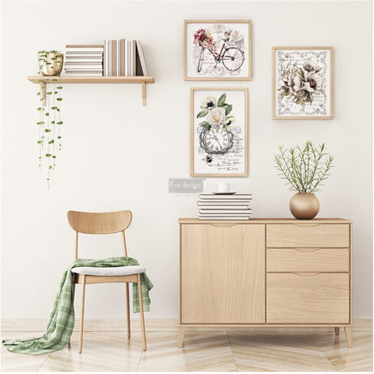 Transferencia decorativa Floral Home de Re-Design with Prima - los 4 diseños enmarcados en pared con estilo escandinavo nórdico