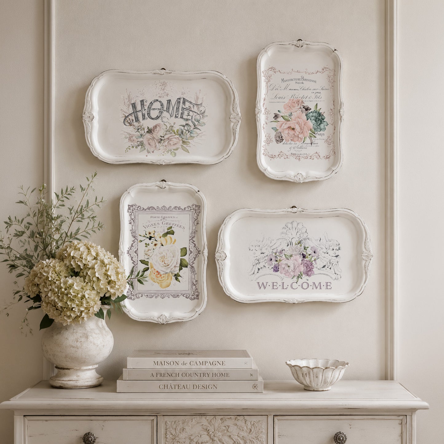 Transferencia decorativa Floral Home de Re-Design with Prima aplicada en bandejas blancas decorativas - 4 diseños florales estilo francés campestre