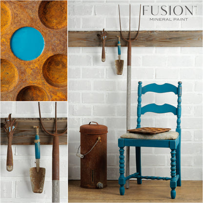 Collage muebles pintados con Fusion Mineral Paint Renfrew Blue azul turquesa