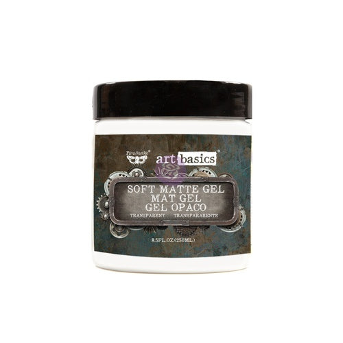 Tarro Art Basics Soft Matte Gel 250 ml (8,5 fl oz) de Re-Design with Prima - gel mate transparente para decoupage, collage y transferencias - fondo oscuro estilo steampunk
