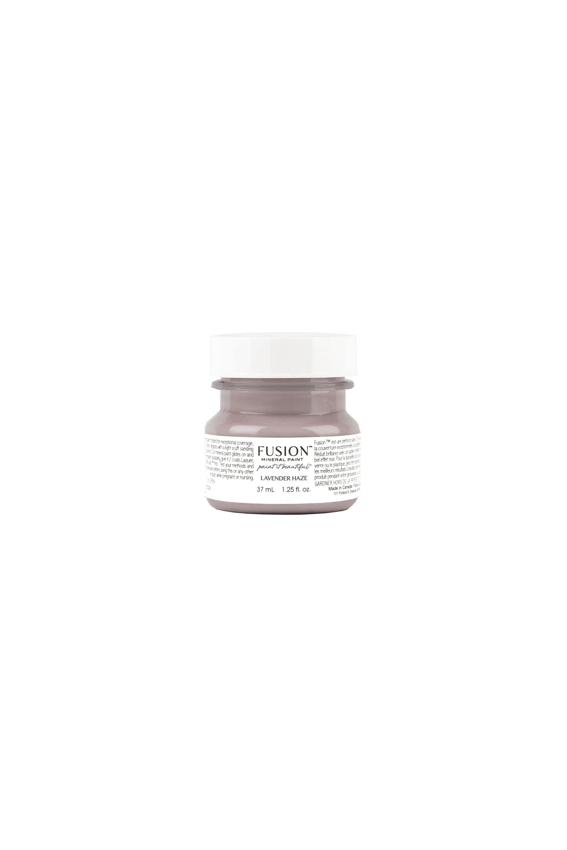 Tester de Fusion Mineral Paint Lavender Haze 37ml, muestra de color lavanda suave con matices malva para proyectos decorativos