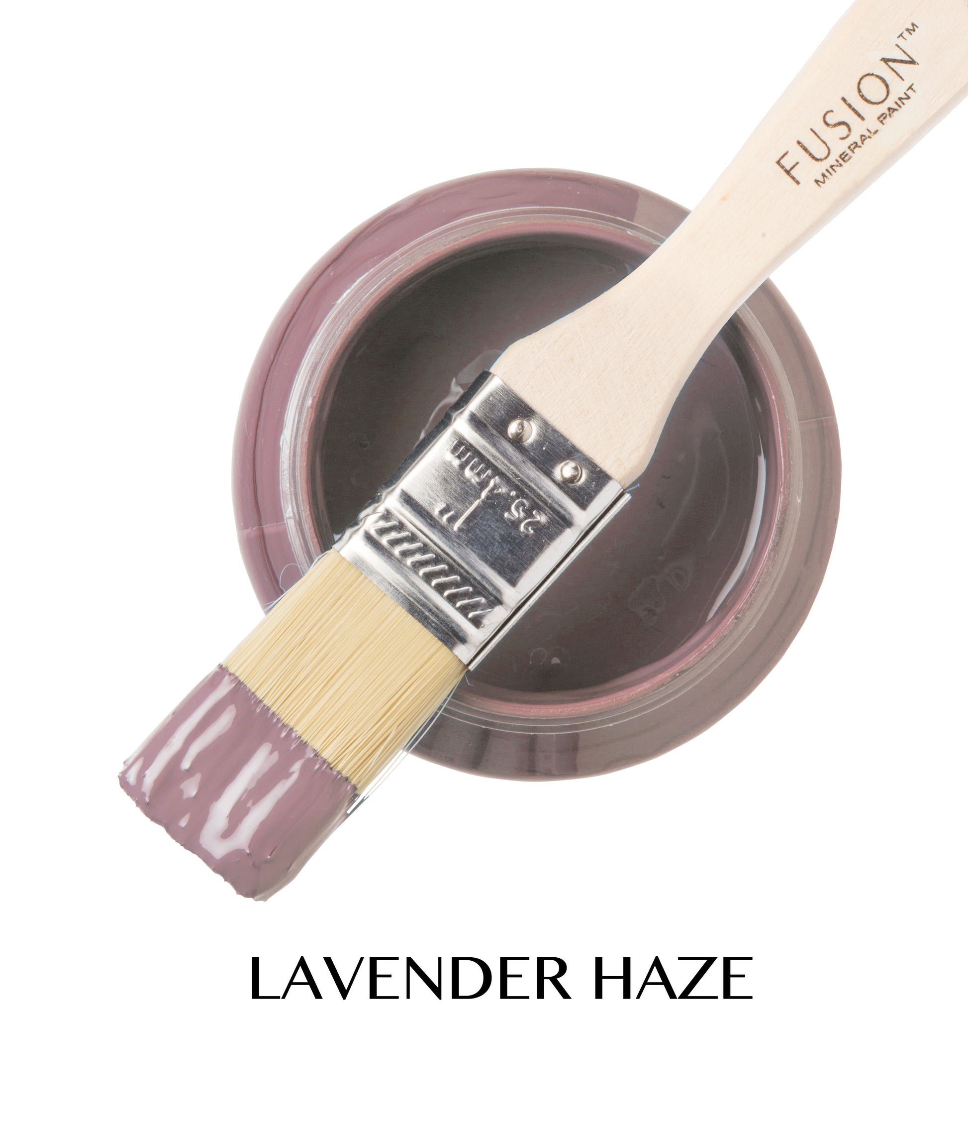 Bote abierto de Fusion Mineral Paint Lavender Haze con brocha, pintura mineral lavanda malva lista para usar