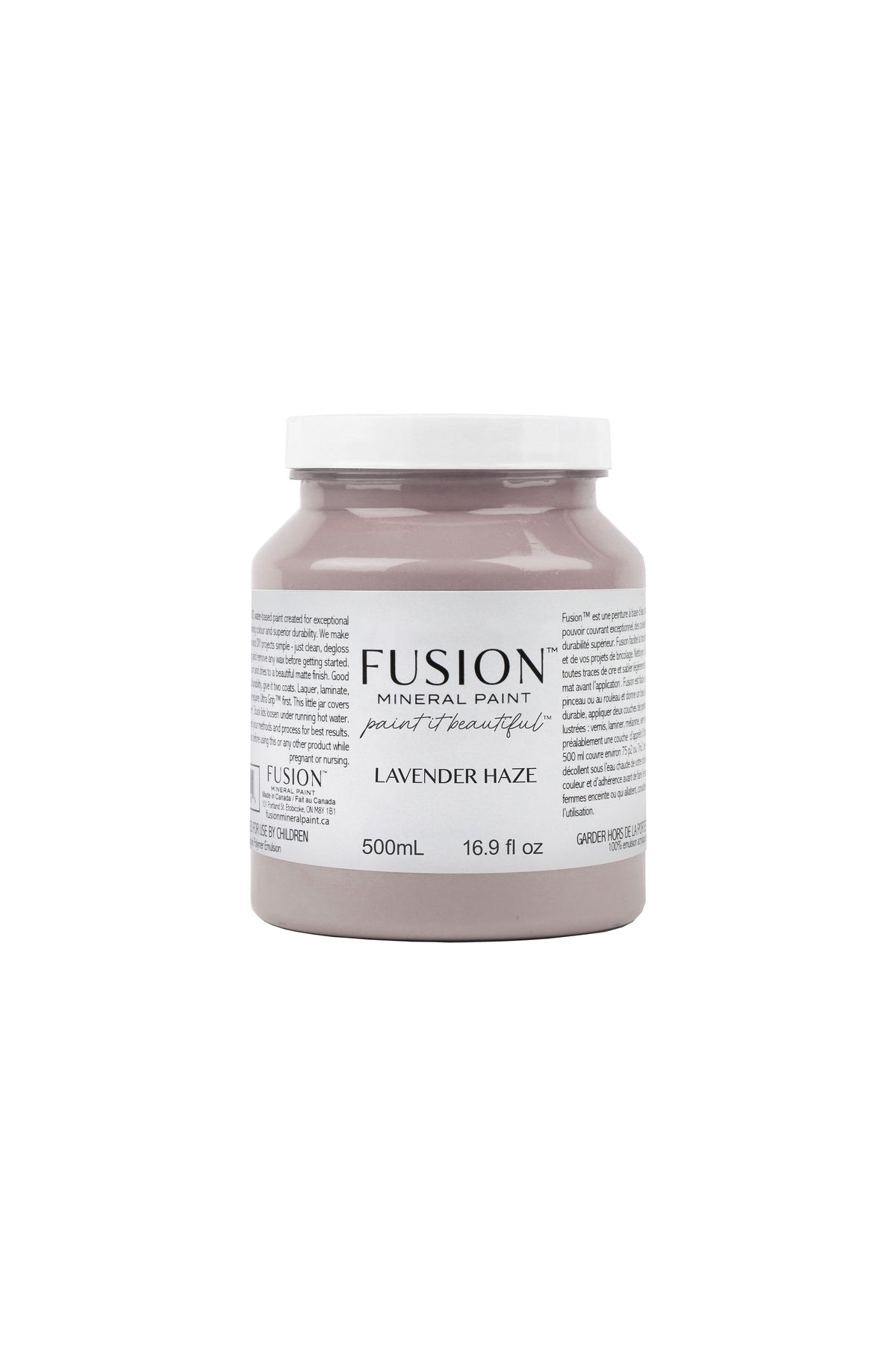 Bote de Fusion Mineral Paint Lavender Haze 500ml, pintura mineral lavanda con matices malva mate para restauración de muebles