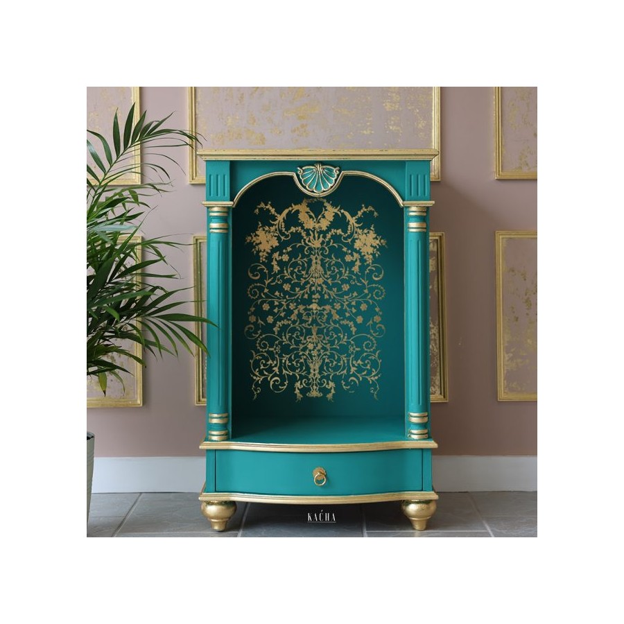 Manor Swirls aplicada en mueble turquesa con detalles dorados - Transferencia Kacha Re-Design with Prima
