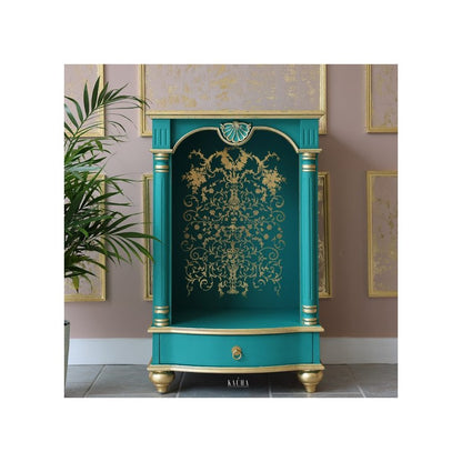 Manor Swirls aplicada en mueble turquesa con detalles dorados - Transferencia Kacha Re-Design with Prima

