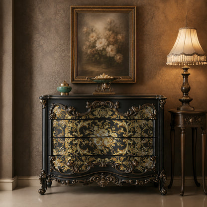Transferencia decorativa Orleans Kacha en cómoda crema estilo francés restaurada - arabescos y flores dorados con espejo barroco - Re-Design with Prima