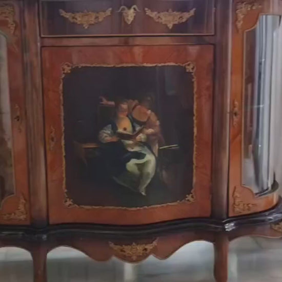 Mueble antiguo Luis XV francés - detalle pintura óleo, bronce y interior tapizado. video