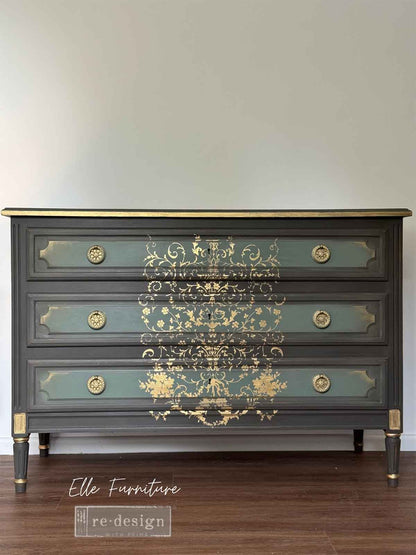 Transferencia decorativa Manor Swirls Kacha en cómoda gris antracita con paneles teal restaurada - espirales dorados en tres cajones - Re-Design with Prima